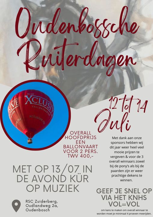 Oudenbossche Ruitersdagen 2024: 11-14 juli bij Ruitersportcentrum Zuiderberg.